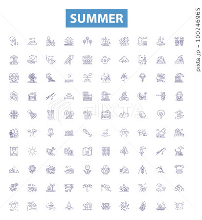 Summer line icons, signs set. Sun, Heat, Vacation, Pool, Beach, BBQ, Insects, Citrus, Ice Cream outline vector illustrations. 100246965