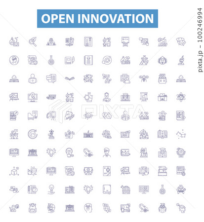 Open innovation line icons, signs set. Open, Innovation, Collaboration, Sharing, Co Creation, Knowledge, Platforms, Exchange, Creative outline vector illustrations. 100246994