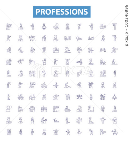 Professions line icons, signs set. Job, Craft, Occupation, Profession, Vocation, Artisan, Specialist, Field, Trade outline vector illustrations. Professions line icons, signs set. Job, Craft, Occupation, Profession, Vocation, Artisan, Specialist, Field, Trade outline vector illustrations. 100246996