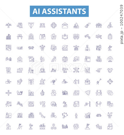 Ai assistants line icons, signs set. AI, assistants, assistants, Alexa, Siri, Cortana, Google, Home, Skyvi outline vector illustrations. 100247039