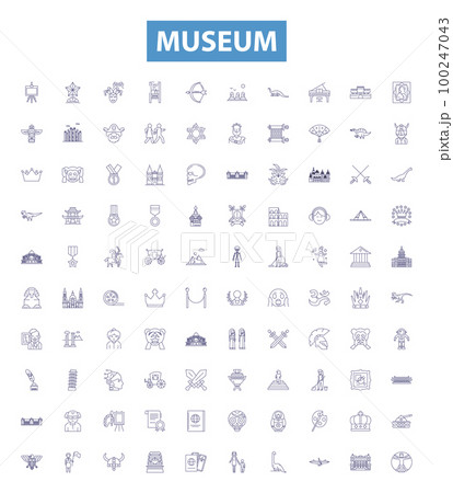 Museum line icons, signs set. Gallery, Monument, Archive, Exhibit, Collection, Obelisk, Exhibition, Relics, Showcase outline vector illustrations. 100247043