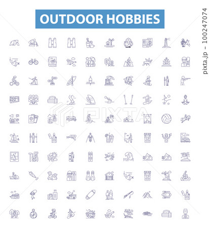 Outdoor hobbies line icons, signs set. Hiking, Camping, Fishing, Hunting, Climbing, Kayaking, Canoeing, Surfing, Swimming outline vector illustrations. 100247074