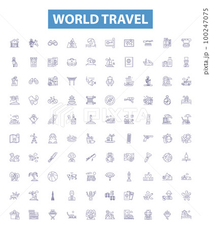 World travel line icons, signs set. Voyage, Tour, Expedition, Journey, Exploring, Trek, Roam, Sightseeing, Discover outline vector illustrations. 100247075