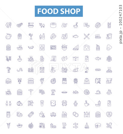 Food shop line icons, signs set. Takeaway, Delicatessen, Pantry, Grocery, Bistro, Restaurant, Diner, Eatery, Cafe outline vector illustrations. Food shop line icons, signs set. Takeaway, Delicatessen, Pantry, Grocery, Bistro, Restaurant, Diner, Eatery, Cafe outline vector illustrations. 100247103
