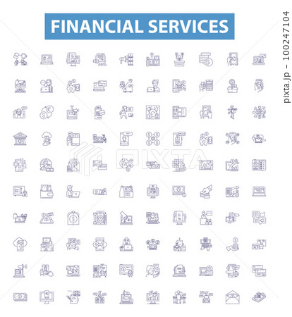 Financial services line icons, signs set. Finance, Banking, Loans, Investment, Insurance, Trading, Wealth, Credit, Mortgages outline vector illustrations. 100247104