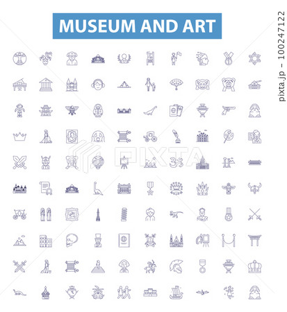 Museum and art line icons, signs set. separatorMuseum, Art, Collection, Exhibit, Display, Visitor, Ancient, Painting, Sculpture outline vector illustrations. 100247122