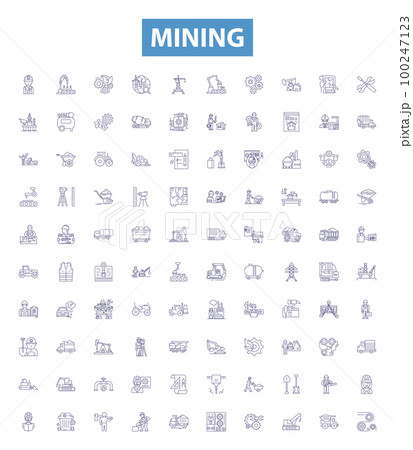 Mining line icons, signs set. Extracting, Digging, Unearthing, Uncovering, Drilling, Essaying, Quarrying, Panning, Smelting outline vector illustrations. 100247123