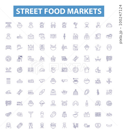 Street food markets line icons, signs set. Street, food, markets, vending, carts, vendors, snacks, cuisine, cuisine outline vector illustrations. 100247124