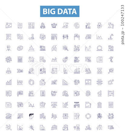 Big data line icons, signs set. Analytics, Storage, Predictive, Mining, Hadoop, Cloud, AI, Processing, Streaming outline vector illustrations. 100247133
