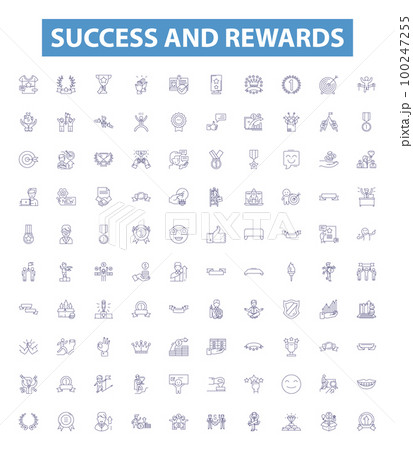 Success and rewards line icons, signs set. Achievement, Triumph, Honor, Profit, Riches, Gain, Prudence, Merit, Remuneration outline vector illustrations. 100247255
