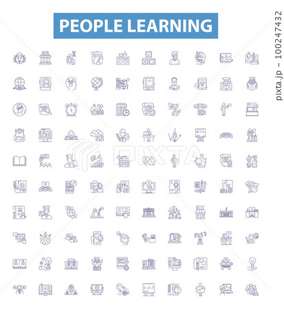 People learning line icons, signs set. Studying, Educating, Instructing, Training, Tutoring, Scholaring, Apprenticing, Coaching, Mentoring outline vector illustrations. 100247432