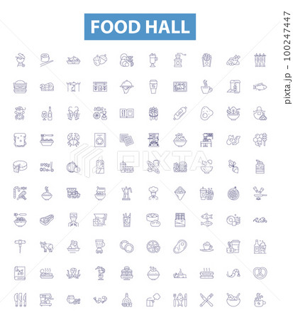 Food hall line icons, signs set. Cafeteria, Delicatessen, Restaurant, Bistro, Eatery, Stall, Cuisine, Deli, Canteen outline vector illustrations. Food hall line icons, signs set. Cafeteria, Delicatessen, Restaurant, Bistro, Eatery, Stall, Cuisine, Deli, Canteen outline vector illustrations. 100247447