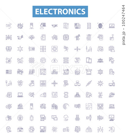 Electronics line icons, signs set. electronics, gadgets, technology, devices, appliances, consoles, circuit, components, wires outline vector illustrations. 100247464