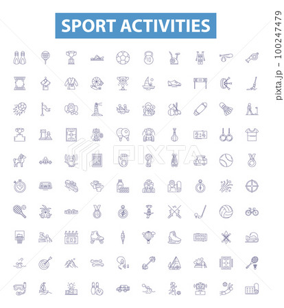Sport activities line icons, signs set. Athletics, Rugby, Tennis, Baseball, Cycling, Swimming, Skiing, Golf, Sailing outline vector illustrations. Sport activities line icons, signs set. Athletics, Rugby, Tennis, Baseball, Cycling, Swimming, Skiing, Golf, Sailing outline vector illustrations. 100247479