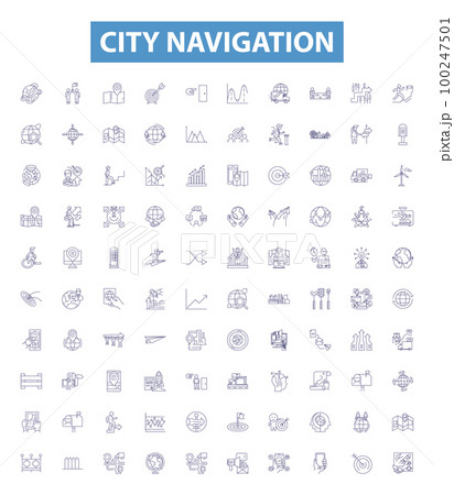 City navigation line icons, signs set. Map, GPS, Directions, Guide, Path, Street, Wayfinding, Course, Route outline vector illustrations. City navigation line icons, signs set. Map, GPS, Directions, Guide, Path, Street, Wayfinding, Course, Route outline vector illustrations. 100247501