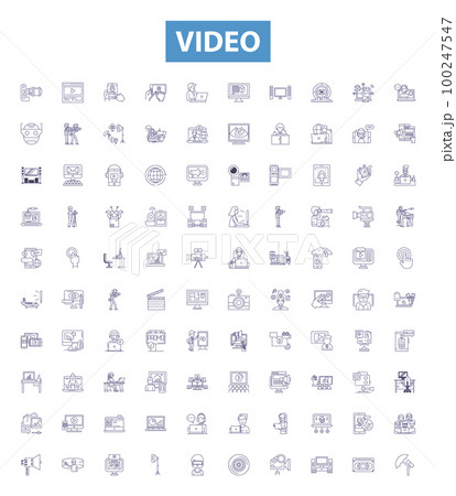 Video line icons, signs set. Movie, Clip, Film, Stream, YouTube, Broadcast, Recording, Broadcasted, Tutorial outline vector illustrations. Video line icons, signs set. Movie, Clip, Film, Stream, YouTube, Broadcast, Recording, Broadcasted, Tutorial outline vector illustrations. 100247547