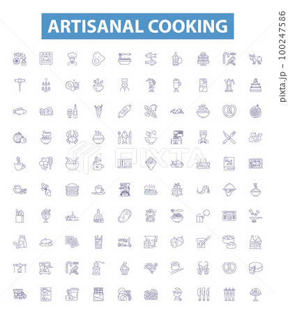 Artisanal cooking line icons, signs set. Handcrafted, Craft, Gourmet, Homemade, Rustic, Traditional, Artistic, Country, Natural outline vector illustrations. 100247586
