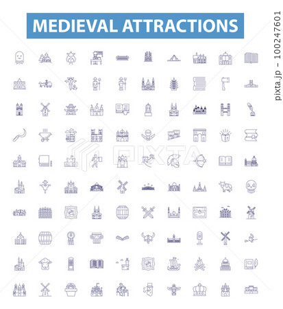 Medieval attractions line icons, signs set. Castles, Dungeons, Weapons, Armor, Cathedrals, Monasteries, Forts, Siege, Torches outline vector illustrations. 100247601