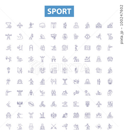 Sport line icons, signs set. Sport, Athletics, Soccer, Tennis, Hockey, Basketball, Swimming, Golf, Cycling outline vector illustrations. 100247602