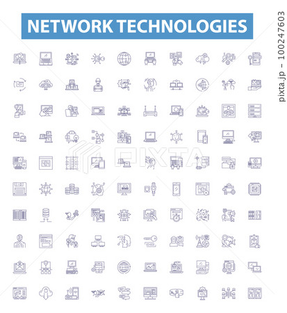 Network technologies line icons, signs set. Networking, Technologies, LAN, WAN, Routers, Switches, Bridges, Modems, Client Server outline vector illustrations. Network technologies line icons, signs set. Networking, Technologies, LAN, WAN, Routers, Switches, Bridges, Modems, Client Server outline vector illustrations. 100247603