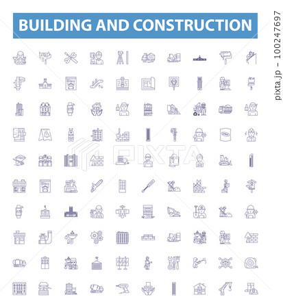 Building and construction line icons, signs set. Architecture, Engineering, Masonry, Plumbing, Structures, Carpentry, Design, Excavation, Concrete outline vector illustrations. 100247697