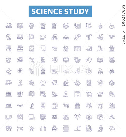 Science study line icons, signs set. Research, Knowledge, Investigation, Physics, Astronomy, Chemistry, Biology, Experimentation, Data outline vector illustrations. Science study line icons, signs set. Research, Knowledge, Investigation, Physics, Astronomy, Chemistry, Biology, Experimentation, Data outline vector illustrations. 100247698