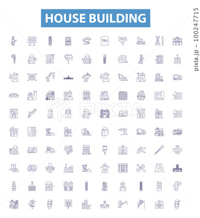 House building line icons, signs set. Construction, Design, Architecture, Cement, Walls, Roof, Foundation, Plumbing, Flooring outline vector illustrations. 100247715