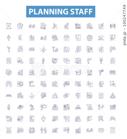 Planning staff line icons, signs set. Staffing, Planning, Organization, Scheduling, Assignment, Human, Resources, Team, Recruiting outline vector illustrations. Planning staff line icons, signs set. Staffing, Planning, Organization, Scheduling, Assignment, Human, Resources, Team, Recruiting outline vector illustrations. 100247749