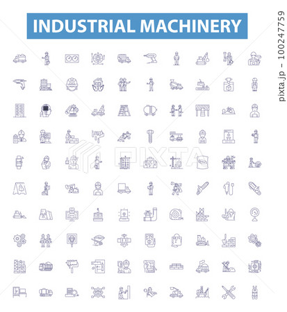 Industrial machinery line icons, signs set. Machinery, Industrial, Equipment, Factories, Manufacturing, Lathes, Mills, Automation, Tools outline vector illustrations. 100247759