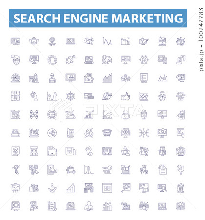 Search engine marketing line icons, signs set. SEM, SEO, Advertising, Analytics, Traffic, PPC, CTR, CPC, Metrics outline vector illustrations. 100247783