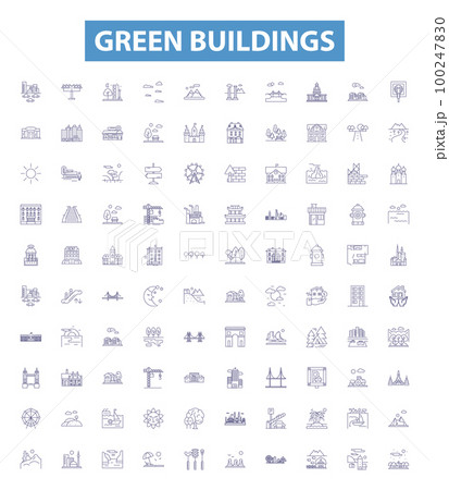 Green buildings line icons, signs set. Ecological, Sustainable, Renewable, Efficiency, Low Carbon, Recyclable, Construct, Insulation,Climate Control outline vector illustrations. 100247830