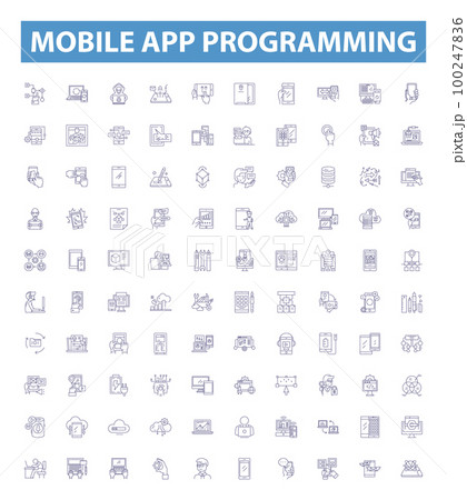 Mobile app programming line icons, signs set. Programming, Mobile, Apps, Development, Android, iOS, Swift, Kotlin, Objective C outline vector illustrations. 100247836