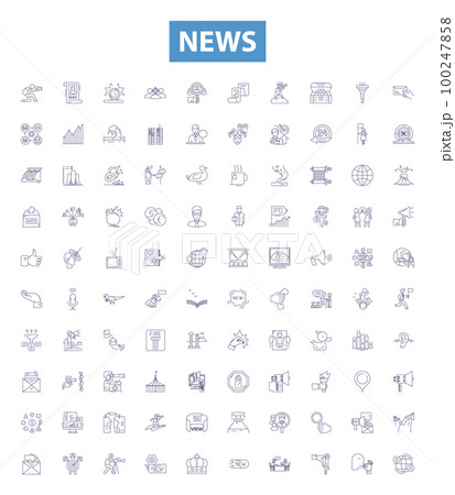 News line icons, signs set. Breaking, Headlines, Latest, Report, Events, Current, Media, Stories, Developments outline vector illustrations. 100247858