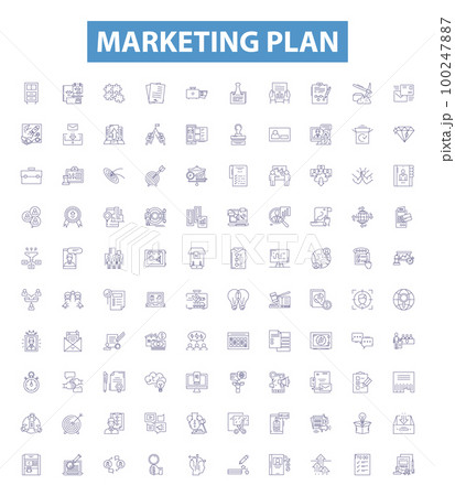 Marketing plan line icons, signs set. Campaign, Strategy, Objectives, Target, Analysis, Budget, Tactics, Segmentation, Positioning outline vector illustrations. 100247887