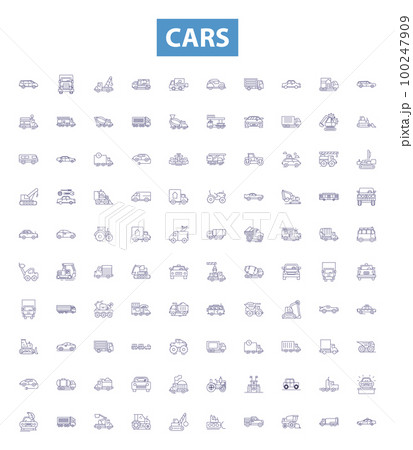 Cars line icons, signs set. Automobile, Sedan, SUV, Crossover, Hatchback, Convertible, Coupe, Hybrid, Truck outline vector illustrations. Cars line icons, signs set. Automobile, Sedan, SUV, Crossover, Hatchback, Convertible, Coupe, Hybrid, Truck outline vector illustrations. 100247909