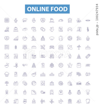 Online food line icons, signs set. Order, Delivery, Grubhub, Eat4, Restaurants, Menu, Cuisine, Deliverycom, DeliveryNow outline vector illustrations. 100247934