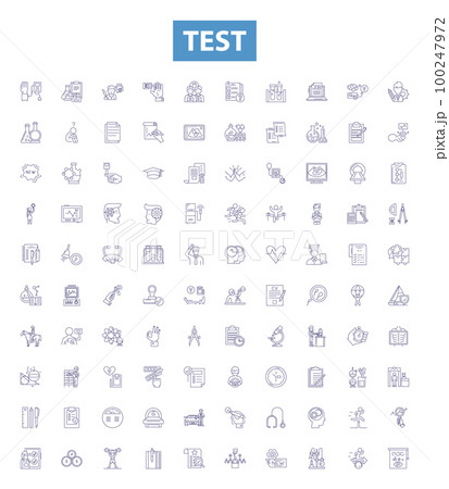Test line icons, signs set. No periodExam, Assess, Assay, Assess, Evaluate, Analyze, Measure, Analyse, Inspect outline vector illustrations. Test line icons, signs set. No periodExam, Assess, Assay, Assess, Evaluate, Analyze, Measure, Analyse, Inspect outline vector illustrations. 100247972