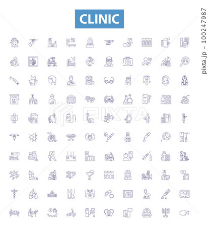 Clinic line icons, signs set. clinic, health, center, hospital, medical, care, health care, doctor, facility outline vector illustrations. Clinic line icons, signs set. clinic, health, center, hospital, medical, care, health care, doctor, facility outline vector illustrations. 100247987