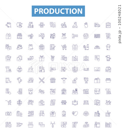 Production line icons, signs set. Producing, Manufacturing, Output, Generating, Fabricating, Making, Creating, assembling, Cultivating outline vector illustrations. Production line icons, signs set. Producing, Manufacturing, Output, Generating, Fabricating, Making, Creating, assembling, Cultivating outline vector illustrations. 100248021