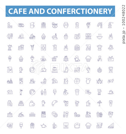 Cafe and conferctionery line icons, signs set. Cafe, Confectionery, Bakeshop, Patisserie, Pastry, Bakery, Cake, Cookies, Coffee outline vector illustrations. 100248022