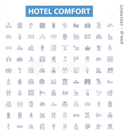 Hotel comfort line icons, signs set. Convenience, Amenity, Luxury, Accommodation, Coziness, Homey, Comforting, Comfort, Relaxation outline vector illustrations. 100248025