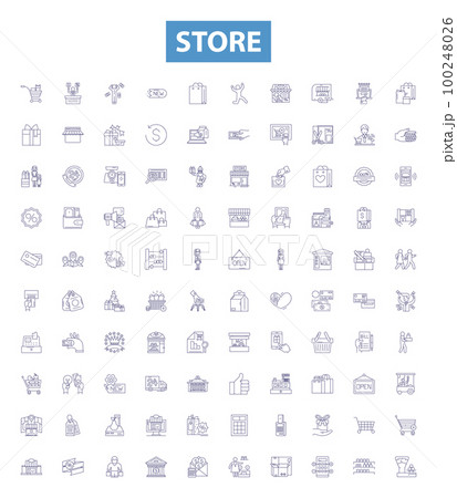Store line icons, signs set. Shop, Market, Marketplace, Boutique, Storefront, Department, Outlet, Retailer, Emporium outline vector illustrations. Store line icons, signs set. Shop, Market, Marketplace, Boutique, Storefront, Department, Outlet, Retailer, Emporium outline vector illustrations. 100248026