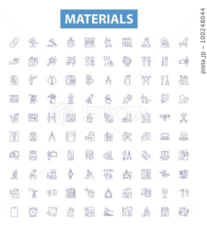 Materials line icons, signs set. Materials, Fabric, Leather, Felt, Plastic, Paper, Metal, Clay, Glass outline vector illustrations. 100248044