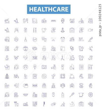 Healthcare line icons, signs set. Care, Healthcare, Medicine, Treatment, Wellness, Diagnosis, Mental, Health, Prevention outline vector illustrations. Healthcare line icons, signs set. Care, Healthcare, Medicine, Treatment, Wellness, Diagnosis, Mental, Health, Prevention outline vector illustrations. 100248125