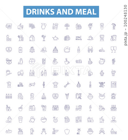 Drinks and meal line icons, signs set. Beverages, Food, Dining, Soda, Beer, Cuisine, Juice, Cocktails, Wine outline vector illustrations. 100248130