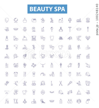 Beauty spa line icons, signs set. Beauty, Spa, Facials, Massage, Nail, Care, Manicure, Pedicure, Hair outline vector illustrations. 100248140