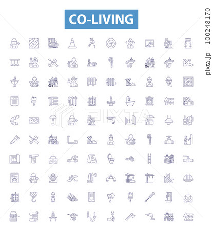 Co-living line icons, signs set. Co housing, Roomshare, Cohabit, Commune, Lodging, Cohabitation, Shared living, Flatmate, Sharing living outline vector illustrations. 100248170