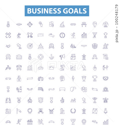 Business goals line icons, signs set. Ambition, Profit, Expansion, Productivity, Clientele, Quality, Innovation, Efficiency, Impact outline vector illustrations. 100248179