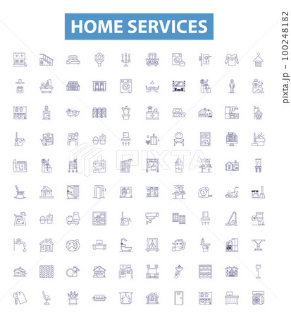 Home services line icons, signs set. Homecare, Cleaning, Repair, Maintenance, Plumbing, Heating, Painting, Pest, Roofing outline vector illustrations. 100248182