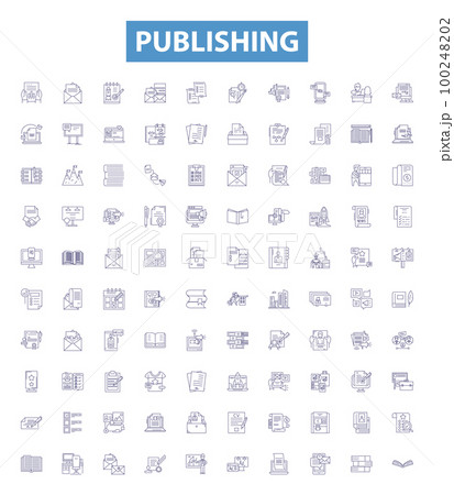 Publishing line icons, signs set. Printing, distribution, editing, marketing, manuscripts, magazines, books, newspapers, scripts outline vector illustrations. 100248202